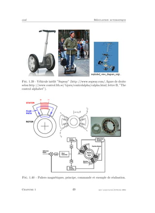 eivd R´egulation automatique
Fig. 1.39 – V´ehicule in´edit ”Segway” (http ://www.segway.com/, ﬁgure de droite
selon http ://www.control.lth.se/ bjorn/controlalpha/calpha.html, lettre B, ”The
control alphabet”).
Fig. 1.40 – Paliers magn´etiques, principe, commande et exemple de r´ealisation.
Chapitre 1 49 mee cours˙ra.tex16 f´evrier 2004
 