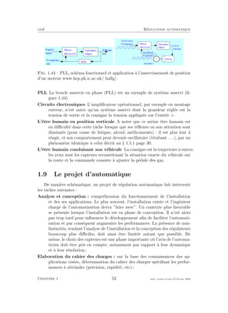 eivd R´egulation automatique
Fig. 1.44 – PLL, sch´ema fonctionnel et application `a l’asservissement de position
d’un moteur www.hep.ph.ic.ac.uk/ hallg/.
PLL La boucle asservie en phase (PLL) est un exemple de syst`eme asservi (ﬁ-
gure 1.44).
Circuits ´electroniques L’ampliﬁcateur op´erationnel, par exemple en montage
suiveur, n’est autre qu’un syst`eme asservi dont la grandeur r´egl´ee est la
tension de sortie et la consigne la tension appliqu´ee sur l’entr´ee +.
L’ˆetre humain en position verticale A noter que ce mˆeme ˆetre humain est
en diﬃcult´e dans cette tˆache lorsque que ses r´eﬂexes ou son attention sont
diminu´es (pour cause de fatigue, alcool, m´edicaments) : il est plus lent `a
r´eagir, et son comportement peut devenir oscillatoire (titubant . . . ), par un
ph´enom`ene identique `a celui d´ecrit au § 1.5.1 page 30.
L’ˆetre humain conduisant son v´ehicule La consigne est la trajectoire `a suivre,
les yeux sont les capteurs reconstituant la situation exacte du v´ehicule sur
la route et la commande consiste `a ajuster la p´edale des gaz.
1.9 Le projet d’automatique
De mani`ere sch´ematique, un projet de r´egulation automatique fait intervenir
les tˆaches suivantes :
Analyse et conception : compr´ehension du fonctionnement de l’installation
et des ses applications. Le plus souvent, l’installation existe et l’ing´enieur
charg´e de l’automatisation devra ”faire avec”. Un contexte plus favorable
se pr´esente lorsque l’installation est en phase de conception. Il n’est alors
pas trop tard pour inﬂuencer le d´eveloppement aﬁn de faciliter l’automati-
sation et par cons´equent augmenter les performances. La pr´esence de non-
lin´earit´es, rendant l’analyse de l’installation et la conception des r´egulateurs
beaucoup plus diﬃciles, doit ainsi ˆetre limit´ee autant que possible. De
mˆeme, le choix des capteurs est une phase importante o`u l’avis de l’automa-
ticien doit ˆetre pris en compte, notamment par rapport `a leur dynamique
et `a leur r´esolution ;
Elaboration du cahier des charges : sur la base des connaissances des ap-
plications vis´ees, d´etermination du cahier des charges sp´eciﬁant les perfor-
mances `a atteindre (pr´ecision, rapidit´e, etc) ;
Chapitre 1 52 mee cours˙ra.tex16 f´evrier 2004
 