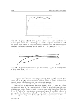 eivd R´egulation automatique
0 5 10 15
−0.5
0
0.5
1
1.5
2
2.5
3
3.5
4
t [s]
f_arx_exemple_02_3.eps
Fig. 2.5 – R´eponse indicielle d’un syst`eme `a retard pur : canal a´erothermique
(”foehn”) du laboratoire d’automatique de l’eivd . Le signal d’entr´ee est un saut
de tension aux bornes du corps de chauﬀe, celui de sortie est la temp´erature
mesur´ee. On observe un retard pur de l’ordre de Tr = 200 [ms] (ﬁchier source).
t [ s ]
u ( t )
0
y 1
( t )
y 2
( t )
f _ 0 2 _ 0 1 _ 0 2 _ 2 . e p s
Fig. 2.6 – R´eponses indicielles d’un syst`eme d’ordre 1 (y (t)) et d’un syst`eme
d’ordre ´elev´e (y (t)) (ﬁchier source).
La r´eponse indicielle d’un ﬁltre RC passe-bas (§ 2.3.2 page 69) ou celle d’un
(petit, i.e. < 500 [W]) moteur `a courant continu (entr´ee = tension au bornes de
l’induit, sortie = vitesse angulaire) ont une allure analogue.
En se r´ef´erant `a l’exemple de la douche pr´esent´e au § 1.5.1 page 30, il faut
noter que du point de vue d’un r´egulateur, l’eﬀet d’un retard pur ou celui d’une
constante de temps (ﬁgure 2.4 page ci-contre) sont assez semblables. Dans les
2 cas, il s’agit d’un comportement dommageable pour la stabilit´e, puisque la
propagation des signaux dans la boucle se voit ralentie. En pratique, on a souvent
tendance a parler simplement de ”retard”, dans un cas comme dans l’autre.
Chapitre 2 61 mee cours˙ra.tex16 f´evrier 2004
 