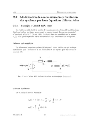 eivd R´egulation automatique
2.3 Mod´elisation de connaissance/repr´esentation
des syst`emes par leurs ´equations diﬀ´erentielles
2.3.1 Exemple : Circuit RLC s´erie
On s’int´eresse ici `a ´etablir le mod`ele de connaissances (i.e. le mod`ele math´ematique
bas´e sur les lois physiques gouvernant le comportement du syst`eme consid´er´e)
d’un circuit s´erie RLC (ﬁgure 2.16). Le signal d’entr´ee consid´er´e est la tension
ue(t) alors que le signal de sortie est la tension us(t) aux bornes de la capacit´e.
Sch´ema technologique
On admet que le syst`eme pr´esent´e `a la ﬁgure 2.16 est lin´eaire, ce qui implique
notamment que l’inductance L est constante et ne d´epend pas du niveau de
courant i(t).
R
C
u ( t ) = u e
( t )
L
y ( t ) = u s
( t )
i ( t )
f _ 0 2 _ 0 1 _ 0 5 . e p s
Fig. 2.16 – Circuit RLC lin´eaire : sch´ema technologique (ﬁchier source).
Mise en ´equations
On a, selon les lois de Kirchhoﬀ :
ue (t) = R · i (t) + L ·
di
dt
+
1
C
·
t
−∞
i (τ) · dτ
us (t) =
1
C
·
t
−∞
i (τ) · dτ
Chapitre 2 67 mee cours˙ra.tex16 f´evrier 2004
 