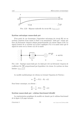 eivd R´egulation automatique
t [ s ]
u ( t )
0
y ( t ) = i ( t )u 0
/ R
u 0
T = L / R f _ 0 2 _ 0 1 _ 1 1 _ 2 . e p s
Fig. 2.23 – R´eponse indicielle du circuit RL (ﬁchier source).
Syst`eme m´ecanique masse-dash pot
D’un point de vue dynamique, l’´equivalent m´ecanique du circuit RL est un
syst`eme constitu´e d’une masse m ﬁx´ee `a un amortisseur ”dash pot” cr´eant une
force de frottement visqueux admise proportionnelle `a la vitesse (ﬁgure 2.24). Le
signal d’entr´ee de ce syst`eme est la force appliqu´ee F(t) `a la masse alors que le
signal de sortie est la vitesse v(t) de la masse.
y ( t ) = v ( t )
u ( t ) = F ( t )
mR f f _ 0 2 _ 0 1 _ 1 0 . e p s
Fig. 2.24 – Syst`eme masse-dash pot. Le dash pot cr´ee un fottement visqueux de
coeﬃcient Rf m
s
proportionnel par hypoth`ese `a la vitesse. Le syst`eme est donc
lin´eaire (ﬁchier source).
Le mod`ele math´ematique est obtenu en ´ecrivant l’´equation de Newton :
m ·
dv
dt
= F(t) − Rf · v(t)
Sous forme canonique, on obtient :
dv
dt
=
1
m
· F(t) −
Rf
m
· v(t)
Syst`eme masse-dash pot : sch´ema fonctionnel d´etaill´e
La repr´esentation graphique du mod`ele est donn´ee par le sch´ema fonctionnel
de la ﬁgure 2.25 page suivante.
Chapitre 2 73 mee cours˙ra.tex16 f´evrier 2004
 