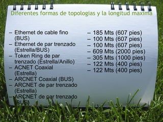 Diferentes formas de topologias y la longitud maxima Ethernet de cable fino (BUS)  Ethernet de par trenzado (Estrella/BUS)  Token Ring de par trenzado (Estrella/Anillo)  ACNET Coaxial (Estrella)  ARCNET Coaxial (BUS)  ARCNET de par trenzado (Estrella)  ARCNET de par trenzado (BUS) 185 Mts (607 pies) 100 Mts (607 pies)  100 Mts (607 pies) 609 Mts (2000 pies) 305 Mts (1000 pies) 122 Mts (400 pies) 122 Mts (400 pies)   