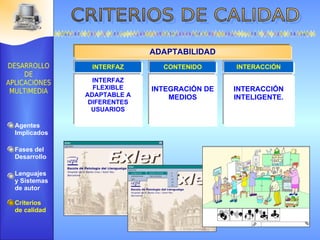 A R M O N Í A INTERFAZ INTERFAZ FLEXIBLE ADAPTABLE A DIFERENTES USUARIOS ADAPTABILIDAD CONTENIDO INTERACCIÓN INTEGRACIÓN DE MEDIOS INTERACCIÓN INTELIGENTE. Agentes Implicados Fases del Desarrollo Lenguajes  y Sistemas de autor Criterios de calidad 