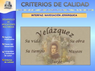 INTERFAZ: NAVEGACIÓN JERÁRQUICA Agentes Implicados Fases del Desarrollo Lenguajes  y Sistemas de autor Criterios de calidad 