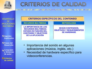 F A C I L I D A D A R M O N Í A RECURSOS MULTIMEDIA LA IMPORTANCIA DE LOS RECURSOS MULTIMEDIA ESTARÁ EN FUNCIÓN DEL CONTENIDO Y OBJETIVOS DE LA APLICACIÓN  CRITERIOS ESPECÍFICOS DEL CONTENIDO METODOLOGÍA SEGÚN CONTENIDOS, OBJETIVOS Y REQUERIMIENTOS DE HARDWARE Importancia del sonido en algunas aplicaciones (música, inglés, etc.) Necesidad de hardware específico para videoconferencias. Agentes Implicados Fases del Desarrollo Lenguajes  y Sistemas de autor Criterios de calidad 