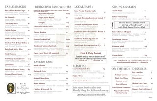 SOUPS & SALADS
“Good Soup” 7
fresh seasonal local ingredients
Baked Onion Soup 8
broth - caramelized onion - sherry - gruyere cheese
Fried Chicken Chopped 14
buttermilk pepper chicken - cheddar - tomato
scallion - cucumber - iceberg - ranch
Farmhouse Greens 8
green apple - gorgonzola - alabama pecans
yogurt vinaigrette
Crimson Salad 9.5
mixed red & green leaf - fried artichokes - feta
kalamata olive - tomato - red onion
house vinaigrette
Caesar Salad 8.5
shaved parmesan - olive oil croutons - romaine hearts
add: grilled steak [9] - organic grilled chicken [ 5]
seared sustainable salmon [6] - shrimp [9]
Choice House / Caesar Salad
or Cup of “Good Soup”
with Half Hoover Turkey Club
COMBOCOMBO
TABLE SNACKS
Bleu Cheese Kettle Chips 11
housemade chips - gorgonzola
apple wood bacon - green onions
Ale Mussels 12
crusty bread - onion - garlic
pepper flakes - parsley butter
Crab Cake Bites 18
jumbo crabmeat - bread crumbs
florida bay seasoning - remoulade
Catfish Strips 10
McEwen & Sons® cornmeal
alabama farm raised catfish
ranch & green onion dipping sauce
Jumbo Scallop Tostada 11
avocado - bacon - green onion
Smokey Pork & Slaw Sliders 11
bbq - toasted brioche
local Wickles® delicious pickle
Baby Back Sticky Ribs 11.5
sweet potato straws - asian bbq
Fried Oysters 10
smoked chorizo tomato sauce
Hot Wings by the Dozen 10.5
louisiana hot sauce - celery
carrot - bleu cheese dipping sauce
Quesadilla 10
chicken - pepper - onion - cheddar
American Fries w/ Gravy 8.5
MERK's fries - “good gravy”
Artisan Cheese Board 12.5
alabama pecans - local honey
BURGERS & SANDWICHES
Grilled ½ lb. Blend of Natural Angus Chuck - Sirloin - Short Rib.
Served with MERK's Fries.
My Father’s Favorite 12.25
gorgonzola - arugula
Angus Hyatt Burger 12
aged white cheddar - onion jam
horseradish - brioche - tomato
Forager 12.5
mushrooms - swiss - lettuce - tomato
Ultimate Grilled Cheese 10.5
melted brie - apple wood bacon - tomato chutney
Tavern Reuben 11
brisket - old world sauerkraut - our dressing
swiss - seeded rye
Hoover Turkey Club 12.25
toasted potato bread - bacon - lettuce
sliced turkey - fried cage-free egg - tomato - mayo
Blackened Salmon Sandwich 12.5
sustainable salmon - caper lemon mayo
wilted spinach - crispy potato - multi grain bread
Open Faced Short Rib Sandwich 13
braised beef short rib - toasted potato bread
seasoned onions - “good gravy”
ON THE SIDE
Collard Greens
Black Eyed Peas
Loaded Grits
Mac & Cheese
Fried Green Tomatoes
Popcorn Rice with
Chorizo Gravy
TAVERN FARE
Steak & Frites 24
skirt steak - MERK’s fries - wedge salad
Shrimp & Grits 23
creamy bacon & cheddar McEwen & Sons grits
sautéed shrimp - scallion
Braised Short Ribs 22
mashed potato - market veggies - “good gravy”
Roast Salmon 23
charred onions - chopped dill - artichokes - lemon
Chicken & Broccoli Ziti 20
organic chicken - roasted garlic cream -
pecorino romano cheese
M on-Fri
4 - 7 pm
Soci al Sa tur day
2 - 6 pm
Sun - Service Industry
4 - 8 pm
FLIGHTS :
Local Crafted Draft Beer 8.5
your choice of any draft beer - we suggest:
bearded lady - kolsch - vanillaphant - naked pig
Flight of Wine 14
your choice of any wine served by the glass
Starla’s Cocktail Infusions 14
mixed up weekly using premium seasonal ingredients
Fish & Chip Basket
house-made tartar sauce with
Wickles® Wickedly Delicious Relish
lunch 12 dinner 22
consuming raw or undercooked meat, poultry, seafood,
shellfish and eggs may increase your risk of food borne illness
LOCAL TAPS :
Good People Bearded Lady
abv 4.5% ibu 17; birmingham al
wheat beer
Avondale Brewing Stawberry Kolsch
abv 4.6% ibu 22; birmingham al
german style ale
Avondale Vanillaphant Porter
abv 6.2% ibu 25; birmingham al
belgium style farmhouse ale
Back Forty Truck Stop Honey Brown
abv 6.0% ibu 34; gadsden al
english brown ale
Back Forty Naked Pig Pale Ale
abv 6.0% ibu 43; gadsden al
american pale ale
Good People Brewing American IPA
abv 7.7% ibu 68; birmingham al
india pale ale
10.5
Join us on Sundays for our
Bloody Mary Bar & Brunch 11a -2p
5
7
5.5
5.5
5.5
5.5
6
06242014
*
*
*
*
*
*
*
DESSERTS
Key Lime Pie 7
whipped cream
Cheesecake 9
strawberry sauce
Molten Lava Cake 10
ice cream on the side
Haagen Daz Ice Cream 7
bowl of vanilla or chocolate
 
