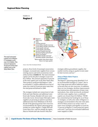 Liquid Assets: The State of Texas’Water Resources Texas Comptroller of Public Accounts22
Regional Water Planning
The total estimated
capital cost of Region
C’s strategies is just
over $13.2 billion. This
amount represents
43 percent of the total
capital costs in the
State Water Plan. strategies address groundwater supplies, but
another involves using an aquifer to store water
for later recovery and use.16
Status of Major Water Projects
and Strategies
The Region C planning group identified 13 of
its recommended strategies as “major,” due to
their large projected yield of additional water
or because they are new reservoirs. In addition,
there are two strategies, facilities improvements
and construction and expansion of water treat-
ment plants, that, while not directly attributed
with new water supplies, have a combined
capital cost of more than $3.4 billion. TWDB
has committed partial funding for six of those
15 strategies, as well as five other of Region C’s
strategies recommended in the state water plan.
All 20 of these projects are surface water or
water reuse strategies and together account for
73 percent of Region C’s total projected capital
costs and 77 percent of its estimated additional
water supplies in 2060.
projects, three levels of municipal conservation
strategies, increased water supplies from various
existing sources and work on numerous water
utility facilities (Exhibit 15). The total estimated
capital cost for the plan’s strategies is just over
$13.2 billion. This amount represents 43 percent
of the total capital costs in the State Water Plan.
These projects would provide Region C with
an estimated 2.7 million additional acre-feet of
water, for a total of 22 percent more water than
the total projected demand in 2060.
The strategies include new connections to Lake
Fork and Lake Palestine and additional water
from Lake Texoma, blended with more water
from Lake Lavon. Several major Metroplex water
suppliers are pursuing an option to purchase
additional water from Oklahoma in the final
decade of the planning period. New reservoirs
recommended by the region’s planning group
include two within Region C, Ralph Hall and
Lower Bois d’Arc, and two outside the region,
Marvin Nichols and Lake Fastrill. Only four
Exhibit 14
Region C
Ellis
Navarro
Jack
Parker
Collin
Cooke
Rockwall
Grayson
Tarrant
Dallas
Kaufman
Denton
Freestone
Fannin
Trinity River
Trinity River
Red River
*Minor aquifer (only shown where
there is no major aquifer)
Cities
Major rivers
Region C
Carrizo-Wilcox Aquifer (subsurface)
Carrizo-Wilcox Aquifer (outcrop)
Existing reservoirs
Nacatoch Aquifer (outcrop)*
Trinity Aquifer (subsurface)
Trinity Aquifer (outcrop)
Nacatoch Aquifer (subsurface)*
Queen City Aquifer*
Woodbine Aquifer (outcrop)*
Woodbine Aquifer (subsurface)*
Wise
Henderson
Source: Texas Water Development Board.
 