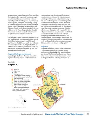 Texas Comptroller of Public Accounts Liquid Assets: The State of Texas’Water Resources 33
Regional Water Planning
more inclusive and there is much better com-
munication now between the planning group,
entities providing water and entities needing wa-
ter. This has led to greater understanding of the
water issues that the region faces in the future.
Specifically, the planning group indicated that
the long-term planning horizon for the region is
now 50 years, as opposed to previous planning
efforts where the region only evaluated 10- to
15-year water needs. Also, the region established
a formal method to communicate between
competing users for a common resource and
among regional water providers that manage the
resources. Lastly, grassroots-level water planning
with local stakeholders has created greater water
literacy on the part of more local people.60
Region H
Region H, located in eastern Texas, comprises
15 counties including the Houston metro-
politan area (Exhibit 24). The region includes
portions of the Trinity, San Jacinto and Brazos
river basins. Its predominant economic sector
is the petrochemical industry; the region is
area also plans to purchase water from providers
for irrigation. The region will monitor drought
conditions and purchase additional water as
needed, possibly from Region C. In partnership
with Region C, the region will develop a study
of the water supplies in Ellis County, Southwest
Dallas County, Southeast Tarrant County and
Johnson County to check on water levels for pos-
sible use in the Brazos Region during drought.
Once water levels are assessed, infrastructure
may be needed to serve the counties.58
According to TWDB, if Region G’s strategies are
not implemented, its residents could lose nearly
$1.1 billion in income and 19,260 full- and
part-time jobs by 2010, and nearly $2.8 billion in
income and more than 46,000 jobs by 2060. In
addition, state and local governments could lose
$39 million in annual tax revenue by 2010 and
about $141 million by 2060.59
Regional Challenges and Successes
According to the Brazos Planning Group, the
regional planning process has become much
Exhibit 24
Region H
Harris
Polk
Leon
Brazoria
Trinity
Walker
Austin
Waller
Chambers
Madison
San
Jacinto
Galveston
Trinity RiverSan Jacinto River
Brazos River
Cities
Major rivers
Region H
Carrizo-Wilcox Aquifer (subsurface)
Carrizo-Wilcox Aquifer (outcrop)
Existing reservoirs
Queen City Aquifer (outcrop)*
Queen City Aquifer (subsurface)*
Sparta Aquifer (outcrop)*
Sparta Aquifer (subsurface)*
Yegua-Jackson Aquifer*
Brazos River Alluvium Aquifer*
Gulf Coast Aquifer
*Minor aquifer (only shown where
there is no major aquifer)
Liberty
Fort
Bend
Montgomery
Source: Texas Water Development Board.
 