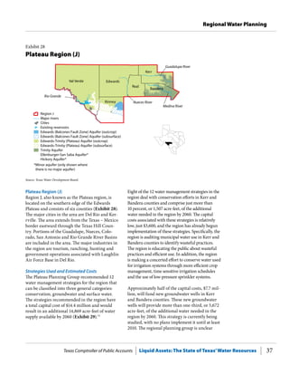 Texas Comptroller of Public Accounts Liquid Assets: The State of Texas’Water Resources 37
Regional Water Planning
Eight of the 12 water management strategies in the
region deal with conservation efforts in Kerr and
Bandera counties and comprise just more than
10 percent, or 1,507 acre-feet, of the additional
water needed in the region by 2060. The capital
costs associated with these strategies is relatively
low, just $3,600, and the region has already begun
implementation of these strategies. Specifically, the
region is auditing municipal water use in Kerr and
Bandera counties to identify wasteful practices.
The region is educating the public about wasteful
practices and efficient use. In addition, the region
is making a concerted effort to conserve water used
for irrigation systems through more efficient crop
management, time sensitive irrigation schedules
and the use of low-pressure sprinkler systems.
Approximately half of the capital costs, $7.7 mil-
lion, will fund new groundwater wells in Kerr
and Bandera counties. These new groundwater
wells will provide more than one-third, or 5,672
acre-feet, of the additional water needed in the
region by 2060. This strategy is currently being
studied, with no plans implement it until at least
2010. The regional planning group is unclear
Plateau Region (J)
Region J, also known as the Plateau region, is
located on the southern edge of the Edwards
Plateau and consists of six counties (Exhibit 28).
The major cities in the area are Del Rio and Ker-
rville. The area extends from the Texas – Mexico
border eastward through the Texas Hill Coun-
try. Portions of the Guadalupe, Nueces, Colo-
rado, San Antonio and Rio Grande River Basins
are included in the area. The major industries in
the region are tourism, ranching, hunting and
government operations associated with Laughlin
Air Force Base in Del Rio.
Strategies Used and Estimated Costs
The Plateau Planning Group recommended 12
water management strategies for the region that
can be classified into three general categories:
conservation, groundwater and surface water.
The strategies recommended in the region have
a total capital cost of $14.4 million and would
result in an additional 14,869 acre-feet of water
supply available by 2060 (Exhibit 29).73
Exhibit 28
Plateau Region (J)
Val Verde Edwards
Kinney
Real
Rio Grande
Nueces River
Medina River
Guadalupe River
Cities
Major rivers
Region J
Edwards (Balcones Fault Zone) Aquifer (outcrop)
Edwards (Balcones Fault Zone) Aquifer (subsurface)
Edwards-Trinity (Plateau) Aquifer (outcrop)
Edwards-Trinity (Plateau) Aquifer (subsurface)
Trinity Aquifer
Ellenburger-San Saba Aquifer*
Hickory Aquifer*
Existing reservoirs
*Minor aquifer (only shown where
there is no major aquifer)
Kerr
Bandera
Source: Texas Water Development Board.
 