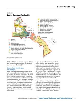 Texas Comptroller of Public Accounts Liquid Assets: The State of Texas’Water Resources 39
Regional Water Planning
Region K’s groundwater strategies, which
require the bulk of its capital costs, include
projects to maintain adequate groundwater
supplies through expansion of the Carrizo-
Wilcox and Trinity Aquifers, as well as other
aquifers throughout the region. Expansion of
the Carrizo-Wilcox is estimated at $13 million
and the Trinity Aquifer expansion project has
an estimated cost of $12.2 million. Overall, the
region’s groundwater projects are on target to
meet projected water demand levels.80
Region K is also working on a groundwater
strategy in partnership with the Fox Crossing
Water District to replace Lake Goldthwaite,
which could include freshwater and brackish
water from the Trinity and Hickory Aquifers
in Mills County and the Ellenburger-San Saba
Aquifer in Lampasas and Llano Counties.81
2060 and fall into four major categories of strate-
gies: conservation, groundwater, surface water,
and water reuse (Exhibit31).79
Status of Major Water Projects
and Strategies
Some strategies in the Lower Colorado Region
may be changed or substituted with a new strate-
gy based on the regional assessments. The Onion
Creek recharge strategy originally would build
two dams to provide water to Hays County. The
retained water would then be released as needed
to meet water needs downstream. However, the
recharge strategy will need revisions based on
reviews with the Barton Springs/Edwards Aqui-
fer Conservation District and City of Austin.
Once new strategy decisions have been made,
Region K will host at least one public meeting to
discuss them.
Exhibit 30
Lower Colorado Region (K)
Llano
Mills
Burnet
Hays
Gillespie
San Saba
Williamson
Blanco
Colorado River
Colorado River
Cities
Major rivers
Region K
Carrizo-Wilcox Aquifer (outcrop)
Carrizo-Wilcox Aquifer (subsurface)
Edwards (Balcones Fault Zone) Aquifer (outcrop)
Edwards (Balcones Fault Zone) Aquifer (subsurface)
Edwards-Trinity (Plateau) Aquifer
Gulf Coast Aquifer
Trinity Aquifer (outcrop)
Trinity Aquifer (subsurface)
Existing reservoirs
*Minor aquifer (only shown where
there is no major aquifer)
Travis
Wharton
Fayette
Colorado
Matagorda
Bastrop
Ellenburger-San Saba Aquifer (outcrop)*
Ellenburger-San Saba Aquifer (subsurface)*
Hickory Aquifer (outcrop)*
Hickory Aquifer (subsurface)*
Marble Falls Aquifer*
Queen City Aquifer (outcrop)*
Queen City Aquifer (subsurface)*
Sparta Aquifer (outcrop)*
Sparta Aquifer (subsurface)*
Yegua-Jackson Aquifer*
Source: Texas Water Development Board.
 
