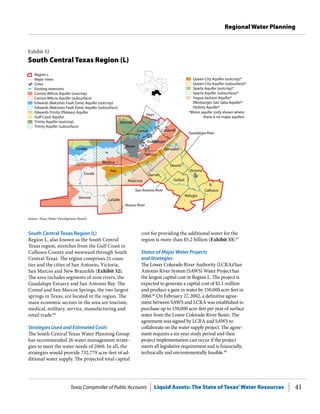 Texas Comptroller of Public Accounts Liquid Assets: The State of Texas’Water Resources 41
Regional Water Planning
cost for providing the additional water for the
region is more than $5.2 billion (Exhibit 33).87
Status of Major Water Projects
and Strategies
The Lower Colorado River Authority (LCRA)/San
Antonio River System (SAWS) Water Project has
the largest capital cost in Region L. The project is
expected to generate a capital cost of $2.1 million
and produce a gain in water by 150,000 acre-feet in
2060.88
On February 27, 2002, a definitive agree-
ment between SAWS and LCRA was established to
purchase up to 150,000 acre-feet per year of surface
water from the Lower Colorado River Basin. The
agreement was signed by LCRA and SAWS to
collaborate on the water supply project. The agree-
ment requires a six-year study period and then
project implementation can occur if the project
meets all legislative requirement and is financially,
technically and environmentally feasible.89
South Central Texas Region (L)
Region L, also known as the South Central
Texas region, stretches from the Gulf Coast in
Calhoun County and westward through South
Central Texas. The region comprises 21 coun-
ties and the cities of San Antonio, Victoria,
San Marcos and New Braunfels (Exhibit 32).
The area includes segments of nine rivers, the
Guadalupe Estuary and San Antonio Bay. The
Comal and San Marcos Springs, the two largest
springs in Texas, are located in the region. The
main economic sectors in the area are tourism,
medical, military, service, manufacturing and
retail trade.86
Strategies Used and Estimated Costs
The South Central Texas Water Planning Group
has recommended 26 water management strate-
gies to meet the water needs of 2060. In all, the
strategies would provide 732,779 acre-feet of ad-
ditional water supply. The projected total capital
Exhibit 32
South Central Texas Region (L)
Frio
Uvalde
Dimmit
Medina
Hays
Atascosa
Wilson
Refugio
Kendall
Caldwell
Calhoun
Nueces River
San Antonio River
Guadalupe River
Cities
Major rivers
Region L
Carrizo-Wilcox Aquifer (outcrop)
Carrizo-Wilcox Aquifer (subsurface)
Edwards (Balcones Fault Zone) Aquifer (outcrop)
Edwards (Balcones Fault Zone) Aquifer (subsurface)
Edwards-Trinity (Plateau) Aquifer
Gulf Coast Aquifer
Trinity Aquifer (outcrop)
Trinity Aquifer (subsurface)
Existing reservoirs
*Minor aquifer (only shown where
there is no major aquifer)
Queen City Aquifer (outcrop)*
Queen City Aquifer (subsurface)*
Sparta Aquifer (outcrop)*
Sparta Aquifer (subsurface)*
Yegua-Jackson Aquifer*
Ellenburger-San Saba Aquifer*
Hickory Aquifer*
Bexar
LaSalle
Zavala
Dewitt
Goliad
Victoria
Gonzales
Karnes
Comal
Guadalupe
Source: Texas Water Development Board.
 