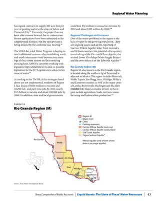 Texas Comptroller of Public Accounts Liquid Assets: The State of Texas’Water Resources 43
Regional Water Planning
could lose $32 million in annual tax revenue by
2010 and about $335 million by 2060.100
Regional Challenges and Successes
One of the major problems in the region is the
lack of water for the growing population. There
are ongoing issues such as the exporting of
Carrizo-Wilcox Aquifer water from Gonzales
and Wilson counties, the potential of temporary
overdrafting of the Carrizo-Wilcox Aquifer, the
revised Lower Guadalupe Water Supply Project
and the over-reliance on the Edwards Aquifer.101
Rio Grande Region (M)
Region M, also known as the Rio Grande region,
is located along the southern tip of Texas and is
adjacent to Mexico. The region includes Maverick,
Webb, Zapata, Jim Hogg, Starr, Hidalgo, Willacy
and Cameron counties, as well as the major cities
of Laredo, Brownsville, Harlingen and McAllen
(Exhibit 34). Major economic drivers in the re-
gion include agriculture, trade, services, manu-
facturing and hydrocarbon production.102
has signed contracts to supply 400 acre-feet per
year of peaking water to the cities of Selma and
Universal City.97
Currently, the project has not
been able to move forward due to contestation.
Permit applications have been submitted to the
underground districts, but the next process is
being delayed by the contested case hearing.98
The SAWS Recycled Water Program is hoping to
reach additional customers by establishing north
and south interconnections between two main
legs of the current system and by extending
existing lines. SAWS is currently working with
legislative representatives in its area on possible
legislation for the 81st
Legislature to allow better
reuse of water.99
According to the TWDB, if the strategies listed
above are not implemented, residents of Region
L face losses of $664 million in income and
10,200 full- and part-time jobs by 2010, nearly
$5.5 billion in income and about 100,000 jobs by
2060. In addition, state and local governments
Exhibit 34
Rio Grande Region (M)
Webb
Starr
Hidalgo
Zapata
Maverick
Jim Hogg
Cameron
Willacy
Rio Grande
Cities
Major rivers
Region M
Carrizo-Wilcox Aquifer (outcrop)
Carrizo-Wilcox Aquifer (subsurface)
Gulf Coast Aquifer
Yegua-Jackson Aquifer*
Existing reservoirs
*Minor aquifer (only shown where
there is no major aquifer)
Source: Texas Water Development Board.
 