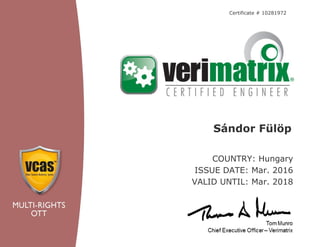 Certificate # 10281972
COUNTRY: Hungary
ISSUE DATE: Mar. 2016
VALID UNTIL: Mar. 2018
Sándor Fülöp
 
