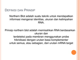 DEFINISI DAN PRINSIP
Northern Blot adalah suatu teknik untuk mendapatkan
informasi mengenai identitas, ukuran dan kelimpahan
RNA.
Prinsip northern blot adalah memisahkan RNA berdasarkan
ukuran dan
terdeteksi pada membran menggunakan probe
hibridisasi dengan urutan basa komplementer
untuk semua, atau sebagian, dari urutan mRNA target
 