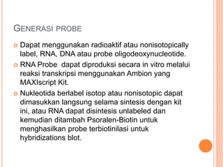 GENERASI PROBE
 Dapat menggunakan radioaktif atau nonisotopically
label, RNA, DNA atau probe oligodeoxynucleotide.
 RNA Probe dapat diproduksi secara in vitro melalui
reaksi transkripsi menggunakan Ambion yang
MAXIscript Kit.
 Nukleotida berlabel isotop atau nonisotopic dapat
dimasukkan langsung selama sintesis dengan kit
ini, atau RNA dapat disintesis unlabeled dan
kemudian ditambah Psoralen-Biotin untuk
menghasilkan probe terbiotinilasi untuk
hybridizations blot.
 