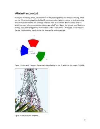3
b) Project I was involved
During my internship period, I was involved in the project given by our vendor, Samsung, which
run the YES 4G technology founded by YTL communication. We are required to do drive testing
on clusters to ensure that the coverage on these areas is acceptable. Each cluster is an area
which has many telecommunication antenna we called “site”. Every site is made up of 3 sectors,
namely alpha, beta and gamma, in which each sector covers about 120 degree. These sites are
the one that broadcast signal so that the area can be under coverage.
Figure 1: A site with 3 sectors. Every site is identified by its site ID, which in this case is CKL0408.
Figure 2: Picture of the antenna.
 