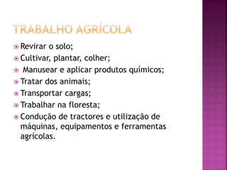  Revirar o solo;
 Cultivar, plantar, colher;
 Manusear e aplicar produtos químicos;
 Tratar dos animais;
 Transportar cargas;
 Trabalhar na floresta;
 Condução de tractores e utilização de
máquinas, equipamentos e ferramentas
agrícolas.
 