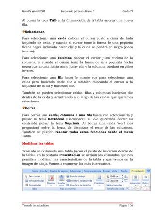 Guía De Word 2007

Preparado por Jesús Bravo C

Grado 7º

Al pulsar la tecla TAB en la última celda de la tabla se crea una nueva
fila.
Seleccionar.
Para seleccionar una celda colocar el cursor justo encima del lado
izquierdo de celda, y cuando el cursor tome la forma de una pequeña
flecha negra inclinada hacer clic y la celda se pondrá en negro (vídeo
inverso).
Para seleccionar una columna colocar el cursor justo encima de la
columna, y cuando el cursor tome la forma de una pequeña flecha
negra que apunta hacia abajo hacer clic y la columna quedará en vídeo
inverso.
Para seleccionar una fila hacer lo mismo que para seleccionar una
celda pero haciendo doble clic o también colocando el cursor a la
izquierda de la fila y haciendo clic.
También se pueden seleccionar celdas, filas y columnas haciendo clic
dentro de la celda y arrastrando a lo largo de las celdas que queramos
seleccionar.
Borrar.
Para borrar una celda, columna o una fila basta con seleccionarla y
pulsar la tecla Retroceso (Backspace), si sólo queremos borrar su
contenido pulsar la tecla Suprimir. Al borrar una celda Word nos
preguntará sobre la forma de desplazar el resto de las columnas.
También se pueden realizar todas estas funciones desde el menú
Tabla.
Modificar las tablas
Teniendo seleccionada una tabla (o con el punto de inserción dentro de
la tabla), en la pestaña Presentación se activan los comandos que nos
permiten modificar las características de la tabla y que vemos en la
imagen de abajo. Vamos a enumerar los más interesantes.

Tomado de aulaclic.es

Página 106

 