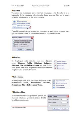 Guía De Word 2007

Preparado por Jesús Bravo C

Grado 7º

Insertar.
Tenemos los comandos para insertar columnas a la derecha o a la
izquierda de la columna seleccionada. Para insertar filas en la parte
superior o inferior de la fila seleccionada.

Y también para insertar celdas, en este caso se abrirá otra ventana para
que decidamos cómo se desplazan las otras celdas afectadas.

Eliminar.
Se desplegará esta pantalla para que elijamos
entre Eliminar Tabla, Eliminar Columna,
Eliminar Fila o Eliminar Celdas, en este último
caso Word 2007 nos preguntará también cómo se
desplazan las celdas afectadas.

Seleccionar.
Se despliega esta lista para que elijamos entre
Seleccionar Tabla, Seleccionar Columna,
Seleccionar Fila o Seleccionar Celda.

Dividir celdas.
Se abrirá esta ventana para que fijemos en
cuántas columnas y filas queremos dividir
la celda seleccionada.

Tomado de aulaclic.es

Página 107

 