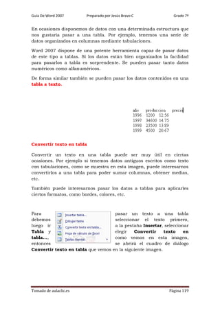 Guía De Word 2007

Preparado por Jesús Bravo C

Grado 7º

En ocasiones disponemos de datos con una determinada estructura que
nos gustaría pasar a una tabla. Por ejemplo, tenemos una serie de
datos organizados en columnas mediante tabulaciones.
Word 2007 dispone de una potente herramienta capaz de pasar datos
de este tipo a tablas. Si los datos están bien organizados la facilidad
para pasarlos a tabla es sorprendente. Se pueden pasar tanto datos
numéricos como alfanuméricos.
De forma similar también se pueden pasar los datos contenidos en una
tabla a texto.

Convertir texto en tabla
Convertir un texto en una tabla puede ser muy útil en ciertas
ocasiones. Por ejemplo si tenemos datos antiguos escritos como texto
con tabulaciones, como se muestra en esta imagen, puede interesarnos
convertirlos a una tabla para poder sumar columnas, obtener medias,
etc.
También puede interesarnos pasar los datos a tablas para aplicarles
ciertos formatos, como bordes, colores, etc.

Para
debemos
luego ir
Tabla y
tabla...,
entonces
Convertir texto en tabla que vemos

Tomado de aulaclic.es

pasar un texto a una tabla
seleccionar el texto primero,
a la pestaña Insertar, seleccionar
elegir
Convertir
texto
en
como vemos en esta imagen,
se abrirá el cuadro de diálogo
en la siguiente imagen.

Página 119

 