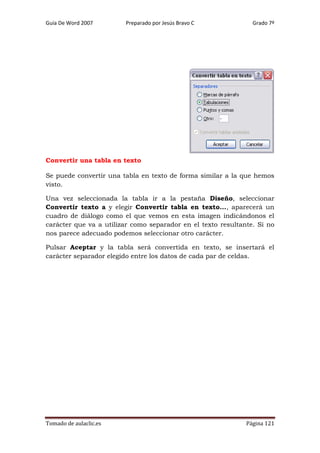 Guía De Word 2007

Preparado por Jesús Bravo C

Grado 7º

Convertir una tabla en texto
Se puede convertir una tabla en texto de forma similar a la que hemos
visto.
Una vez seleccionada la tabla ir a la pestaña Diseño, seleccionar
Convertir texto a y elegir Convertir tabla en texto..., aparecerá un
cuadro de diálogo como el que vemos en esta imagen indicándonos el
carácter que va a utilizar como separador en el texto resultante. Si no
nos parece adecuado podemos seleccionar otro carácter.
Pulsar Aceptar y la tabla será convertida en texto, se insertará el
carácter separador elegido entre los datos de cada par de celdas.

Tomado de aulaclic.es

Página 121

 