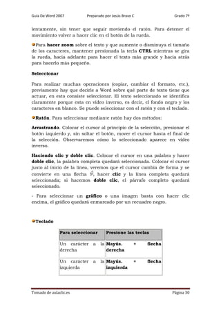 Guía De Word 2007

Preparado por Jesús Bravo C

Grado 7º

lentamente, sin tener que seguir moviendo el ratón. Para detener el
movimiento volver a hacer clic en el botón de la rueda.
Para hacer zoom sobre el texto y que aumente o disminuya el tamaño
de los caracteres, mantener presionada la tecla CTRL mientras se gira
la rueda, hacia adelante para hacer el texto más grande y hacia atrás
para hacerlo más pequeño.
Seleccionar
Para realizar muchas operaciones (copiar, cambiar el formato, etc.),
previamente hay que decirle a Word sobre qué parte de texto tiene que
actuar, en esto consiste seleccionar. El texto seleccionado se identifica
claramente porque esta en vídeo inverso, es decir, el fondo negro y los
caracteres en blanco. Se puede seleccionar con el ratón y con el teclado.
Ratón. Para seleccionar mediante ratón hay dos métodos:
Arrastrando. Colocar el cursor al principio de la selección, presionar el
botón izquierdo y, sin soltar el botón, mover el cursor hasta el final de
la selección. Observaremos cómo lo seleccionado aparece en vídeo
inverso.
Haciendo clic y doble clic. Colocar el cursor en una palabra y hacer
doble clic, la palabra completa quedará seleccionada. Colocar el cursor
justo al inicio de la línea, veremos que el cursor cambia de forma y se
convierte en una flecha , hacer clic y la línea completa quedará
seleccionada; si hacemos doble clic, el párrafo completo quedará
seleccionado.
- Para seleccionar un gráfico o una imagen basta con hacer clic
encima, el gráfico quedará enmarcado por un recuadro negro.

Teclado
Para seleccionar

Presione las teclas

Un carácter
derecha

a

la Mayús.
derecha

+

flecha

Un carácter
izquierda

a

la Mayús.
izquierda

+

flecha

Tomado de aulaclic.es

Página 30

 