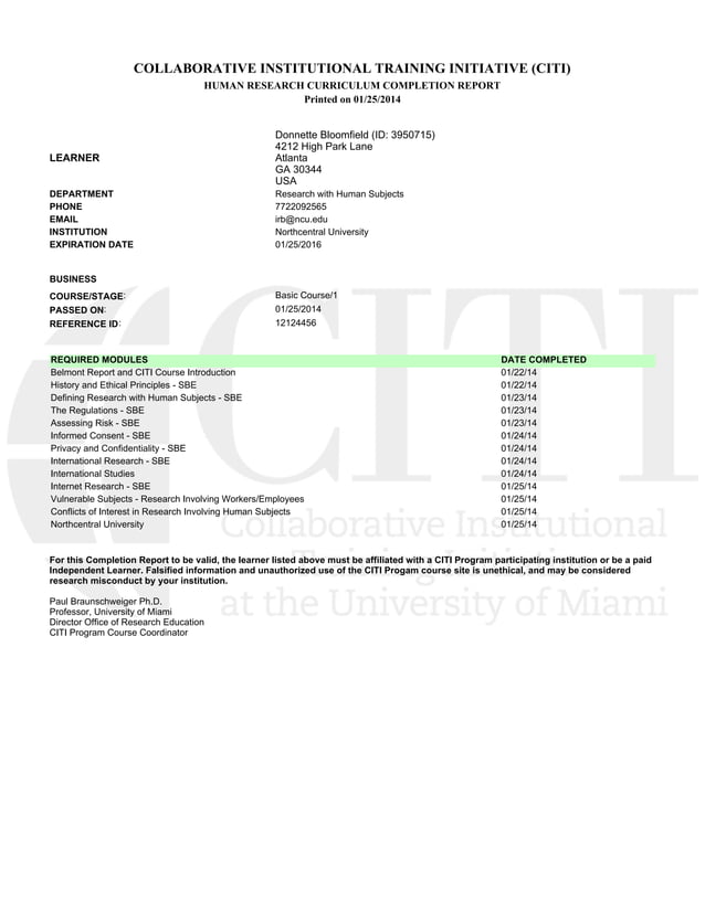 CITI Course Completion (Donnette Bloomfield) PDF CITI Course Completion (Donnette Bloomfield) PDF