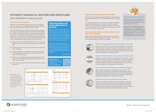 WorkPoint – efficient workflow management
Tscherningexpectsa20
percentoptimisationof
processes
The construction company Tscherning has been
afforded an overview of all tasks, progress on all
tasks, as well partners and contacts. They now
have an overview of the competencies and resour-
ces of the employees and an in-house knowledge
library. In addition, all templates and procedures
have been systemised. All in all, the management
expects a 20 percent optimising of processes.
”From now on, we will be able to save time on
documents with previously defined document tem-
plates. Further, project plans can be filled out with
data beforehand. We send out 1,000 proposals a
year, and if we are able to save a mere five minutes
on each by simple mail merger, that is a substan-
tial savings.”
Niels Bredal, CFO
Quick and easy integration with Office
WorkPoint structures all data through SharePoint and bridges the gap
to the Microsoft Office suite – e.g. MS Outlook, Word, Excel, and Power-
Point.
By employing WorkPoint, you are afforded a standard, configurable
solution tailored to the sector, covering the need for completely
efficient case management. By integrating WorkPoint with Office it
is now possible to link emails, attachments, various documents, and
contacts in Outlook to a specific case.
Compose WorkPoint so the solution suits
your requirements
Build and expand upon WorkPoint to make it suit your requirements –
whether you are in need of a coordinator of business-critical processes,
or are oriented towards case or project management.
Centralcockpitforefficientworkflows
WorkPoint is a cockpit from where you can
manage all processes and workflows. As
a consequence, there is no need to switch
from one system to another.
WorkPoint has several approaches to mana-
ging the processes. In some organisations,
focus is aimed at case management or project
management, while others are more focused
on sales management. Common to all, is that
efficient management of emails and docu-
ments has become a business-critical factor.
@
Efficient case management with standardised workflows and procedures
WorkPoint offers efficient case and document management in all processes,
resulting in uniform oversight of all cases in the organisation, as well as af-
filiating all clients, stakeholders, information, masterdata, documents, and
emails to individual cases. Automated versioning of documents ensures that
all changes and approvals are always registered.
Project tool for efficient gate and risk management and quality assurance
WorkPoint is an efficient information management tool for projects, making
it possible to execute and review in a single system. It is a tool to automate
processes, manage the allocation of tasks, execute projects with efficient
document and email management, and keeping a focus on quality assuran-
ce, risk management, gate management, and reviewing.
Contacts management with intuitive document and email management
Gain an overview of contacts, correspondence, and current tasks. Work-
Point’s contacts management system offers you the complete overview of
collaboration partners and meetings as well as the entire correspondence of
the organisation. Adding to this, it affords access to important documents,
agreements, collaborative work with partners, and more.
Journal important emails and attachments directly to a folder
Many companies receive critical information and documents via email. Work-
Point ensures important emails do not end up in the inbox of the individual
employee, but are viewable by all, and are instantly affiliated with the case or
project the emails concern. By utilising the simple drag and drop functionality in
Outlook, emails and attachments can be archived directly to a folder.
WorkPoint is a busi-
ness-strategic solution
for case management,
building atop SharePoint
and completing Office.
The dynamic structure
of WorkPoint is also
available on tablets and
smartphones.
@
A system tailored to us
Attorneys Brandt & Lauritzen share
how WorkPoint support them in their
work and not vice versa.
http://youtu.be/zAVQciVHFW4
EFFICIENTLY MANAGE ALL ROUTINES AND WORKFLOWS
with WorkPoint’s central cockpit
Systemise the everyday
WorkPoint is a tool efficiently supporting all routines and workflows
across the organisation. By managing and streamlining workflows and
processes, a clear delegation of roles and tasks is created.
The result is high and uniform quality, easing the execution of routine
tasks, as well as ensuring the adherence to previously defined procedu-
res. It affords a crystal clear overview of all workflows and processes as
well as exact documentation of any requirements from authorities. Ad-
ding to this, is a single, common user interface, guiding you easily and
elegantly through all phases of a project or previously defined workflows
– such as the delegation of tasks, execution, and control checks.
Quality assurance and minimised potential for human errors coup-
led with overview of information flow and progress on associated
tasks
Overview of all relevant contacts, stakeholders, master data, docu-
ments, and emails
Template library aids the management of documents. Automatic
version management of documents ensures all changes and ap-
provals are always registered
Efficient email management with quick and easy archiving via
drag and drop. Intelligent suggestions for journaling as well as
automated journaling
Move your work processes into MS Outlook and use that as your
primary tool
WP_workflow_UK_Print.indd 3-4 29-01-2015 11:23:25
 