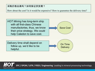 采购价格会高吗？如何保证供货期？
How about the cost? Is it would be expensive? How to guarantee the delivery time?
HOT Mining has long-term ship
with all first-class Chinese
manufactories, thus, we know
their price strategy. We could
help Caledon to save cost.
Delivery time shall depend on
follow up, we’d like to be
helpful.
Save Cost
On Time
Delivery
EPC / EPCM / LSTK / FEED / Engineering Leading in mineral processing technology.
 