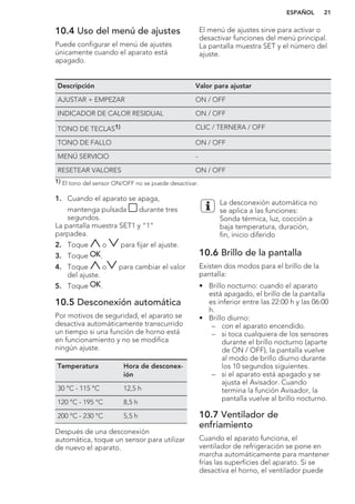 10.4 Uso del menú de ajustes
Puede configurar el menú de ajustes
únicamente cuando el aparato está
apagado.
El menú de ajustes sirve para activar o
desactivar funciones del menú principal.
La pantalla muestra SET y el número del
ajuste.
Descripción Valor para ajustar
AJUSTAR + EMPEZAR ON / OFF
INDICADOR DE CALOR RESIDUAL ON / OFF
TONO DE TECLAS1) CLIC / TERNERA / OFF
TONO DE FALLO ON / OFF
MENÚ SERVICIO -
RESETEAR VALORES ON / OFF
1) El tono del sensor ON/OFF no se puede desactivar.
1. Cuando el aparato se apaga,
mantenga pulsada durante tres
segundos.
La pantalla muestra SET1 y “1”
parpadea.
2. Toque o para fijar el ajuste.
3. Toque .
4. Toque o para cambiar el valor
del ajuste.
5. Toque .
10.5 Desconexión automática
Por motivos de seguridad, el aparato se
desactiva automáticamente transcurrido
un tiempo si una función de horno está
en funcionamiento y no se modifica
ningún ajuste.
Temperatura Hora de desconex-
ión
30 °C - 115 °C 12,5 h
120 °C - 195 °C 8,5 h
200 °C - 230 °C 5,5 h
Después de una desconexión
automática, toque un sensor para utilizar
de nuevo el aparato.
La desconexión automática no
se aplica a las funciones:
Sonda térmica, luz, cocción a
baja temperatura, duración,
fin, inicio diferido
10.6 Brillo de la pantalla
Existen dos modos para el brillo de la
pantalla:
• Brillo nocturno: cuando el aparato
está apagado, el brillo de la pantalla
es inferior entre las 22:00 h y las 06:00
h.
• Brillo diurno:
– con el aparato encendido.
– si toca cualquiera de los sensores
durante el brillo nocturno (aparte
de ON / OFF), la pantalla vuelve
al modo de brillo diurno durante
los 10 segundos siguientes.
– si el aparato está apagado y se
ajusta el Avisador. Cuando
termina la función Avisador, la
pantalla vuelve al brillo nocturno.
10.7 Ventilador de
enfriamiento
Cuando el aparato funciona, el
ventilador de refrigeración se pone en
marcha automáticamente para mantener
frías las superficies del aparato. Si se
desactiva el horno, el ventilador puede
ESPAÑOL 21
 