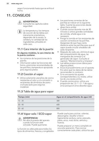 seguir funcionando hasta que se enfríe el
horno.
11. CONSEJOS
ADVERTENCIA!
Consulte los capítulos sobre
seguridad.
La temperatura y los tiempos
de cocción de las tablas son
meramente orientativos;
dependen de la receta, la
calidad y la cantidad de los
ingredientes utilizados en
cada caso.
11.1 Cara interior de la puerta
En algunos modelos, la cara interior de
la puerta contiene:
• los números de las posiciones de la
parrilla.
• información sobre las funciones del
horno, posiciones recomendadas de
las parrillas y temperatura apropiada
para algunos platos.
11.2 Cocción al vapor
• Utilice solamente utensilios de cocina
resistentes al calor y a la corrosión o
recipientes de alimentos de acero
cromado (solo para algunos
modelos).
• Las posiciones correctas de las
parrillas se indican en la siguiente
tabla. Cuente las posiciones desde
abajo hacia arriba.
• Cuando cocine durante más de 30
minutos o utilice grandes cantidades
de comida, añada agua si es
necesario.
• Ponga la comida en los recipientes de
cocción correctos en las parrillas.
Asegúrese de que haya cierta
distancia entre las parrillas para que el
vapor pueda circular alrededor de
cada recipiente.
• Después de cada uso, elimine el agua
del compartimento de agua, las
mangueras de conexión y el
generador de vapor. Consulte el
capítulo "Mantenimiento y limpieza".
• Las tablas proporcionan datos para
algunos platos.
• Inicie el procedimiento con el aparato
frío salvo que los datos de las tablas
recomienden lo contrario.
• Si no encuentra los ajustes
correspondientes a su receta, utilice
los de una receta similar.
• Cuando cocine arroz, utilice una
proporción de 1,5: 1 – 2 : 1 de agua y
arroz porque el arroz absorbe agua.
11.3 Tabla de agua para vapor
Tiempo (min) Agua en el compartimento de agua (ml)
15 - 20 300
30 - 40 600
50 - 60 800
11.4 Vapor solo / ECO-vapor
ADVERTENCIA!
No abra la puerta del aparato
cuando la función esté
activada. Puede quemarse.
La función es adecuada para todos los
tipos de alimentos, frescos y congelados.
Puede usarla para cocinar, calentar,
descongelar, escalfar o hervir
ligeramente verdura, carne, pescado,
pasta, arroz, maíz dulce, sémola y
huevos.
Puede preparar un menú completo en
una sola operación. Para cocinar
correctamente cada plato, utilice los que
www.aeg.com22
 