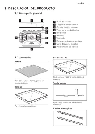 3. DESCRIPCIÓN DEL PRODUCTO
3.1 Descripción general
21
10
5
4
6
7
8
9
3
5
4
3
2
1
1 Panel de control
2 Programador electrónico
3 Compartimento de agua
4 Toma de la sonda térmica
5 Resistencia
6 Bombilla
7 Ventilador
8 Generador de vapor con tapa
9 Carril de apoyo, extraíble
10 Posiciones de las parrillas
3.2 Accesorios
Parrilla
Para bandejas de horno, pastel en
molde, asados.
Bandeja
Para bizcochos y galletas.
Bandeja honda
Para hornear y asar o como bandeja
grasera.
Sonda térmica
Para medir cuánto se ha hecho el
alimento.
Carriles telescópicos
ESPAÑOL 7
 