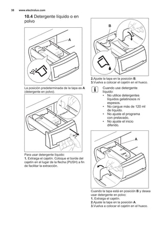 10.4 Detergente líquido o en
polvo
A
La posición predeterminada de la tapa es A
(detergente en polvo).
Para usar detergente líquido:
1. Extraiga el cajetín. Coloque el borde del
cajetín en el lugar de la flecha (PUSH) a fin
de facilitar la extracción.
B
2.Ajuste la tapa en la posición B.
3.Vuelva a colocar el cajetín en el hueco.
Cuando use detergente
líquido:
• No utilice detergentes
líquidos gelatinosos ni
espesos.
• No cargue más de 120 ml
de líquido.
• No ajuste el programa
con prelavado.
• No ajuste el inicio
diferido.
A
Cuando la tapa está en posición B y desea
usar detergente en polvo:
1. Extraiga el cajetín.
2.Ajuste la tapa en la posición A.
3.Vuelva a colocar el cajetín en el hueco.
www.electrolux.com38
 