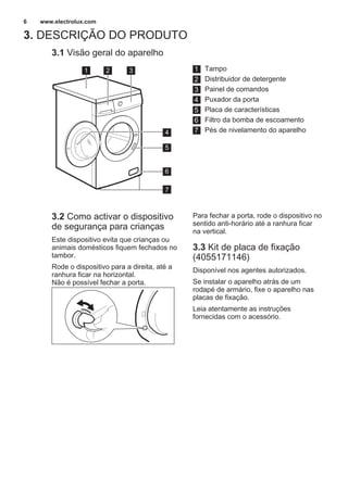 3. DESCRIÇÃO DO PRODUTO
3.1 Visão geral do aparelho
1 2 3
5
6
7
4
1 Tampo
2 Distribuidor de detergente
3 Painel de comandos
4 Puxador da porta
5 Placa de características
6 Filtro da bomba de escoamento
7 Pés de nivelamento do aparelho
3.2 Como activar o dispositivo
de segurança para crianças
Este dispositivo evita que crianças ou
animais domésticos fiquem fechados no
tambor.
Rode o dispositivo para a direita, até a
ranhura ficar na horizontal.
Não é possível fechar a porta.
Para fechar a porta, rode o dispositivo no
sentido anti-horário até a ranhura ficar
na vertical.
3.3 Kit de placa de fixação
(4055171146)
Disponível nos agentes autorizados.
Se instalar o aparelho atrás de um
rodapé de armário, fixe o aparelho nas
placas de fixação.
Leia atentamente as instruções
fornecidas com o acessório.
www.electrolux.com6
 