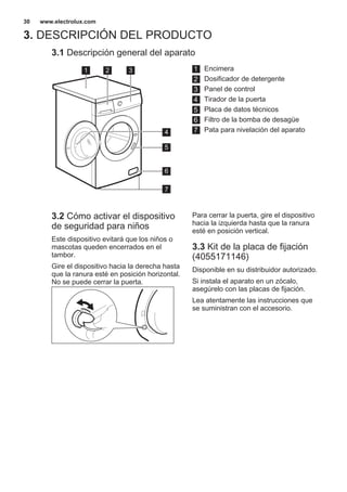3. DESCRIPCIÓN DEL PRODUCTO
3.1 Descripción general del aparato
1 2 3
5
6
7
4
1 Encimera
2 Dosificador de detergente
3 Panel de control
4 Tirador de la puerta
5 Placa de datos técnicos
6 Filtro de la bomba de desagüe
7 Pata para nivelación del aparato
3.2 Cómo activar el dispositivo
de seguridad para niños
Este dispositivo evitará que los niños o
mascotas queden encerrados en el
tambor.
Gire el dispositivo hacia la derecha hasta
que la ranura esté en posición horizontal.
No se puede cerrar la puerta.
Para cerrar la puerta, gire el dispositivo
hacia la izquierda hasta que la ranura
esté en posición vertical.
3.3 Kit de la placa de fijación
(4055171146)
Disponible en su distribuidor autorizado.
Si instala el aparato en un zócalo,
asegúrelo con las placas de fijación.
Lea atentamente las instrucciones que
se suministran con el accesorio.
www.electrolux.com30
 