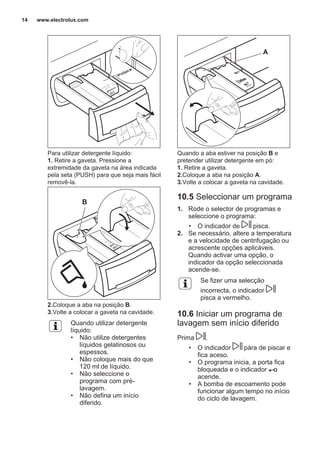 Para utilizar detergente líquido:
1. Retire a gaveta. Pressione a
extremidade da gaveta na área indicada
pela seta (PUSH) para que seja mais fácil
removê-la.
B
2.Coloque a aba na posição B.
3.Volte a colocar a gaveta na cavidade.
Quando utilizar detergente
líquido:
• Não utilize detergentes
líquidos gelatinosos ou
espessos.
• Não coloque mais do que
120 ml de líquido.
• Não seleccione o
programa com pré-
lavagem.
• Não defina um início
diferido.
A
Quando a aba estiver na posição B e
pretender utilizar detergente em pó:
1. Retire a gaveta.
2.Coloque a aba na posição A.
3.Volte a colocar a gaveta na cavidade.
10.5 Seleccionar um programa
1. Rode o selector de programas e
seleccione o programa:
• O indicador de pisca.
2. Se necessário, altere a temperatura
e a velocidade de centrifugação ou
acrescente opções aplicáveis.
Quando activar uma opção, o
indicador da opção seleccionada
acende-se.
Se fizer uma selecção
incorrecta, o indicador
pisca a vermelho.
10.6 Iniciar um programa de
lavagem sem início diferido
Prima .
• O indicador pára de piscar e
fica aceso.
• O programa inicia, a porta fica
bloqueada e o indicador
acende.
• A bomba de escoamento pode
funcionar algum tempo no início
do ciclo de lavagem.
www.electrolux.com14
 