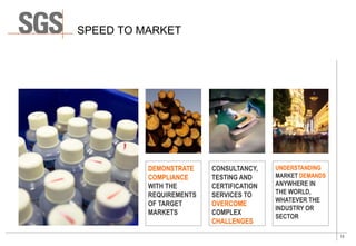 13
SPEED TO MARKET
UNDERSTANDING
MARKET DEMANDS
ANYWHERE IN
THE WORLD,
WHATEVER THE
INDUSTRY OR
SECTOR
CONSULTANCY,
TESTING AND
CERTIFICATION
SERVICES TO
OVERCOME
COMPLEX
CHALLENGES
DEMONSTRATE
COMPLIANCE
WITH THE
REQUIREMENTS
OF TARGET
MARKETS
 