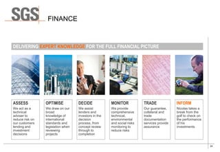 24
FINANCE
ASSESS
We act as a
technical
adviser to
reduce risk on
our customers
lending and
investment
decisions
OPTIMISE
We draw on our
broad
knowledge of
international
standards and
legislation when
reviewing
projects
DECIDE
We assist
lenders and
investors in the
decision
process, from
concept review
through to
completion
MONITOR
We provide
comprehensive
technical,
environmental
and social risks
monitoring to
reduce risks
TRADE
Our guarantee,
collateral and
trade
documentation
services provide
assurance
INFORM
Nicolas takes a
break from the
golf to check on
the performance
of his
investments
DELIVERING EXPERT KNOWLEDGE FOR THE FULL FINANCIAL PICTURE
 