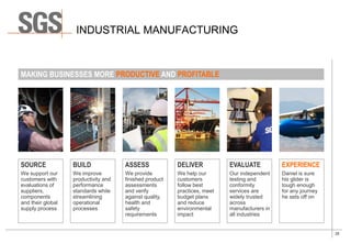 25
INDUSTRIAL MANUFACTURING
SOURCE
We support our
customers with
evaluations of
suppliers,
components
and their global
supply process
BUILD
We improve
productivity and
performance
standards while
streamlining
operational
processes
ASSESS
We provide
finished product
assessments
and verify
against quality,
health and
safety
requirements
DELIVER
We help our
customers
follow best
practices, meet
budget plans
and reduce
environmental
impact
EXPERIENCE
Daniel is sure
his glider is
tough enough
for any journey
he sets off on
MAKING BUSINESSES MORE PRODUCTIVE AND PROFITABLE
EVALUATE
Our independent
testing and
conformity
services are
widely trusted
across
manufacturers in
all industries
 