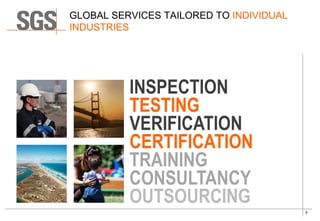 6
INSPECTION
VERIFICATION
TESTING
CERTIFICATION
CONSULTANCY
TRAINING
OUTSOURCING
GLOBAL SERVICES TAILORED TO INDIVIDUAL
INDUSTRIES
 