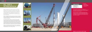 OIL, GAS &
PETROCHEMICAL
With a presence in all the major oil and gas
centres in the world, ALE works closely with
blue-chip oil and EPC contractors to provide
a fully engineered, efficient and cost-effective
transportation and installation solution for
the handling of critical items of process plant
and equipment.
Given our intelligent engineering skills and reputation for fastidious
project management, we are well-equipped to meet the demands
of long-term operations and high-pressure work carried out during
revamps and shutdowns.
Our engineering skills enable us to transport, lift and position
reactors, process columns, furnaces and other large elements,
manoeuvring these items with precision and safety often in very
restricted spaces and within tight time frames. Using combinations
of advanced heavy lift cranes, trailers and gantry lift systems, we
replace and install items including columns, boilers and fractioning
towers, working towards an outcome that exceeds all expectations.
Indeed our comprehensive fleet of heavy cranes – including the
world’s largest land based crane – allows us to engineer previously
impossible schemes, such as lifting ‘off plot’.
ALE undertook the transportation and installation of a
de-ethaniser tower weighing 1,315t for a refinery in Kuwait. We
were chosen for the project because of the AL.SK’s ability to
independently install the structure.
Planning for the tower’s installation began almost a year
prior to the operation. Transportation presented the biggest
challenge with route surveys and route modifications required
for the tower to be transported by SPMTs. On site, the lift
and installation was carried out by an AL.SK190 crane, taking
twelve hours to complete.
Transportation &
installation of
1,315t De-ethaniser
tower, Kuwait
21
Together, we are Smarter, Safer, Stronger
»» Reduced costs
»» Reduced schedule
»» Multi-service application
»» ALE branch collaboration
»» Short notice mobilisation
»» Flexible delivery
CASE STUDY
Key Features
 