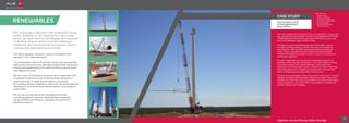 RENEWABLES
ALE is playing a vital role in the renewable energy
sector. Building on our experience in the power
sector, we have used our knowledge and expertise
to develop smarter solutions to the challenges
created by the increasing size and weight of wind
turbines and associated components.
ALE offers a bespoke Transport Crane and Installation (TCI)
package for the renewables sector.
The transportation phases of projects include route assessments,
liaising with local authorities, specialist transportation equipment,
removal and replacement of any street furniture or structure that
may obstruct the route.
We own a fleet of specialised equipment that is specifically used
for projects in this sector such as wind turbines and have an
experienced team to assist you throughout your project.
Our qualified electrical installation teams have the knowledge and
experience to provide the most efficient solution on a project by
project basis.
We can also provide clients port handling services this
includes equipment inspection, blade damage assessment,
storage facilities and loading or reloading of equipment to
specialist transport.
ALE was awarded the contract for the port operations, transport to
site, mechanical and electrical erection and installation of 37 V100
1.8 MW 95m HH wind turbine generators (WTGs) at a new wind
farm in the Western Cape of South Africa.
This was no small undertaking and due to the scale, volume
of cargo and time pressure, careful planning and scheduling
was required. With the WTG components being grouped per
tower, it was imperative that all components were handled,
tracked and supplied correctly in order to ensure a smooth and
continuous operation.
We were responsible for receiving all components at the Port of
Saldanha where they were transported to an intermediate handling
area (IHA) enabling quick vessel discharge. There were three
shipments containing blades, towers, nacelles and hubs. From there,
the components were re-loaded and transported to the wind farm
which is situated approximately 60km from the port.
We ensured pre-population of the crane pads, so that tower 1 could be
installed, grouted and cured ahead of the main erection using ALE’s
LG1750 crane with lattice boom and AC250 crane. Once tower section
3 was complete, the rest of the WTG - tower section 4, nacelle, hub
and three blades were installed.
27
Together, we are Smarter, Safer, Stronger
ALE transport wind
turbine generators,
South Africa
CASE STUDY »» Reduced costs
»» Reduced schedule
»» Multi-service application
»» ALE branch collaboration
»» Record breaking
»» Minimised disruption
»» Flexible delivery
Key Features
 