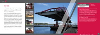 JACKING
Jacking systems including strand jacks provide
a cost-effective lifting and pulling solution for
the fabrication and load-out of offshore jackets,
platforms and modules. Our jacking capacity
ranges from 15t to 6,000t.
Our team of specialist engineers saw a gap in the market for a
super heavylift jack; and the Mega Jack was designed to assist
with the onshore fabrication of increasingly large and heavy
topside platforms for the offshore industry, although its versatility
means there is great potential for its use in other market sectors
as well.
The Mega Jack has both heavy and light jacking modes, and its
modular set-up makes it suitable for a wide range of applications.
By adding jacking towers, the capacity can be increased or the
ground bearing loads per position reduced. A key difference
between it and traditional jacking systems is that during normal
jacking operations, the jacks remain at ground level and the steel
jacking beams rise by each jacking step. This way all operations
are performed at ground level and working at height is kept to an
absolute minimum.
ALE also operates a large inventory of hydraulic climbing jacks
up to 1,000t capacity which can be operated in multiple hydraulic
circuits for load equalisation.
41
Together, we are Smarter, Safer, Stronger
ALE completed the jacking, load-out, sea transport and exchange of a
bridge in Amsterdam, The Netherlands.
To complete the exchange of the previous 832t bridge with the new
954t bridge ALE used climbing jacks to weigh and jack-up the bridge
to install 48 axles of SPMT below. The bridge was then transported
from the fabrication yard in Gorinchem and loaded-out to the barge.
After load-out the bridge weight was transferred to four climbing jacks
with a capacity of 285t each and the SPMTs were removed
from the barge. The bridge was jacked down and secured for
transport to Amsterdam.
On arrival in Amsterdam the bridge was jacked up to the final
installation height leaving the distance between the water level and
the underside of the bridge at 9m.
The road over the bridge was closed over a weekend with only a 12
hour timeframe for the removal of the old bridge and installation of
the new one. To remove the previous bridge a barge equipped with
towers and long beams was mobilised to receive the bridge after
jacking down and transported for demolition in Amsterdam.
Bridge exchange,
The Netherlands
»» Bespoke solution
»» Multi-service application
»» Minimised disruption
CASE STUDY
Key Features
 