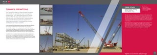 TURNKEY OPERATIONS
ALE are specialists in large turnkey projects
from both an operational and managerial
perspective. Our dedicated global projects
teams offer the very best solutions to our
clients with multi-disciplinary requirements
and provide the exceptional people and
expertise necessary to address the unique
challenges of major projects.
Team members are specifically trained to deal with the different
management and business processes that are required to
successfully navigate these assignments; specifically the top-
level project management skills needed for high value, long-term
transportation and installation contracts involving numerous
teams working together to deliver optimum value and efficiency.
In addition to our market leading Innovation Series equipment
and our ever increasing transportation and lifting fleet, we are
accustomed to providing the significant human resource in HSQE,
engineering, project management and supervision that is required
to offer a full service solution to our clients.
The major focus of the project was the execution of the logistics which
had been tailored for the challenging environment and terrain through
Iraq, which includes crossing two rivers. To complete the scope of
work ALE transported the modules by barge from the UAE, through the
Gulf and the Shatt al Arab River from Al Faw to the MOF jetty in Iraq for
consequent heavy haulage to site and the final lifting and installation
to foundations.
We utilised a variety of equipment during the project including barges,
crawler cranes such as CC2800-1 and CC2600, heavy duty prime
movers and a number of hydraulic axle lines led by members of staff
whom were protected by armed security teams during all operations.
All marine operations carried out at the jetty were controlled and
co-ordinated by our in-house marine engineering specialists.
Transportation, barging,
load-in, load-out
& installation, Iraq
65
Together, we are Smarter, Safer, Stronger
»» Reduced schedule
»» Bespoke solution
»» Multi-service application
»» ALE branch collaboration
»» Record breaking
CASE STUDY
Key Features
 