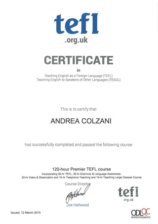 Andrea Colzani Certificate