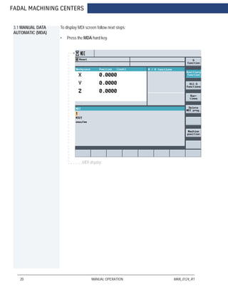 FADAL MACHINING CENTERS
20 MANUAL OPERATION MAN_0124_R1
3.1 MANUAL DATA
AUTOMATIC (MDA)
To display MDI screen follow next steps:
• Press the MDA hard key.
MDI display
 