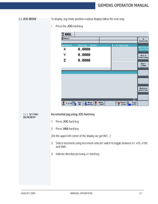 AUGUST 2005 MANUAL OPERATION 21
SIEMENS OPERATOR MANUAL
3.2 JOG MODE To display Jog mode position readout display follow the next step:
• Press the JOG hard key.
3.2.1 SETTING
INCREMENT
Incremental jog using JOG hard key
1. Press JOG hard key.
2. Press VAR hard key.
(On the upper left corner of the display we get INC...)
3. Select increment using increment selector switch to toggle between x1, x10, x100
and VAR.
4. Indicate direction pressing +/- hard key
 