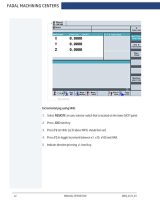 FADAL MACHINING CENTERS
22 MANUAL OPERATION MAN_0124_R1
Incremental jog using HHU
1. Select REMOTE on axis selector switch that is located on the lower MCP panel.
2. Press JOG hard key
3. Press F2 on HHU (LED above MPG should turn on)
4. Press F3 to toggle increment between x1, x10, x100 and VAR.
5. Indicate direction pressing +/- hard key.
Increment
 