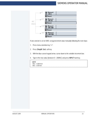 AUGUST 2005 MANUAL OPERATION 23
SIEMENS OPERATOR MANUAL
If axis selector is set on VAR, set jog increment value manually following the next steps:
1. Press menu extention key “>”.
2. Press ShopM. Sett. soft key
3. With the blue cursor keypad arrow, cursor down to the variable increment box.
4. Type in the new value (between 0 - 200INC) and press INPUT hard key.
NOTE
1INC = 0.0001inch
1INC = 0.001mm
INC
Values
x1
x10
x100
VAR
 