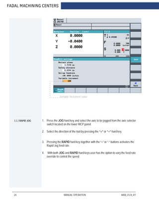 FADAL MACHINING CENTERS
24 MANUAL OPERATION MAN_0124_R1
3.2.2 RAPID JOG 1. Press the JOG hard key and select the axis to be jogged from the axis selector
switch located on the lower MCP panel.
2. Select the direction of the tool by pressing the “+” or “–” hard key.
3. Pressing the RAPID hard key together with the “+” or “-” buttons activates the
Rapid Jog feed rate.
4. With both JOG and RAPID hard keys user has the option to vary the feed rate
override to control the speed.
Variable Inctement value
 